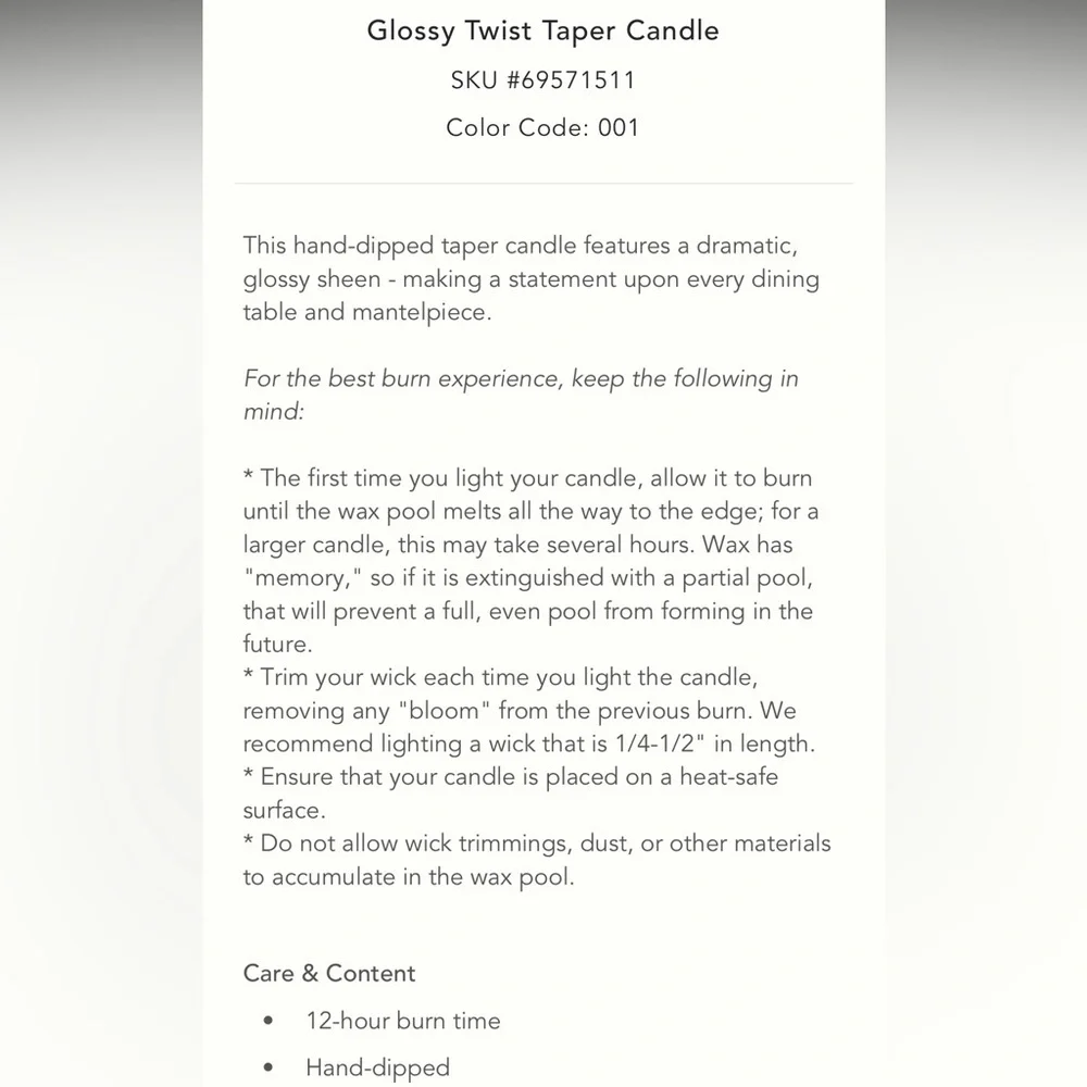 Anthropologie Glossy Twist Taper Candle